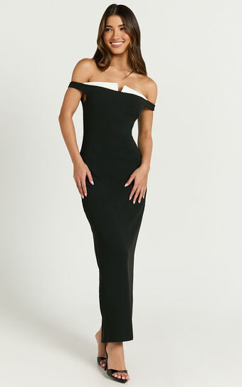 Raquel Midi Dress - Off The Shoulder Contrast Neck Detialing Dress in Black