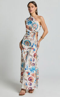 Gemma Midi Dress - One Shoulder Side Cut Out Side Slit Dress in Holiday Print