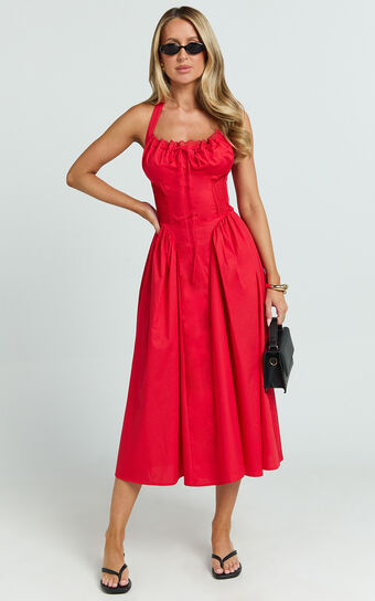 Marikris Midi Dress - Ruched Bust Halter Neck Dress in Red