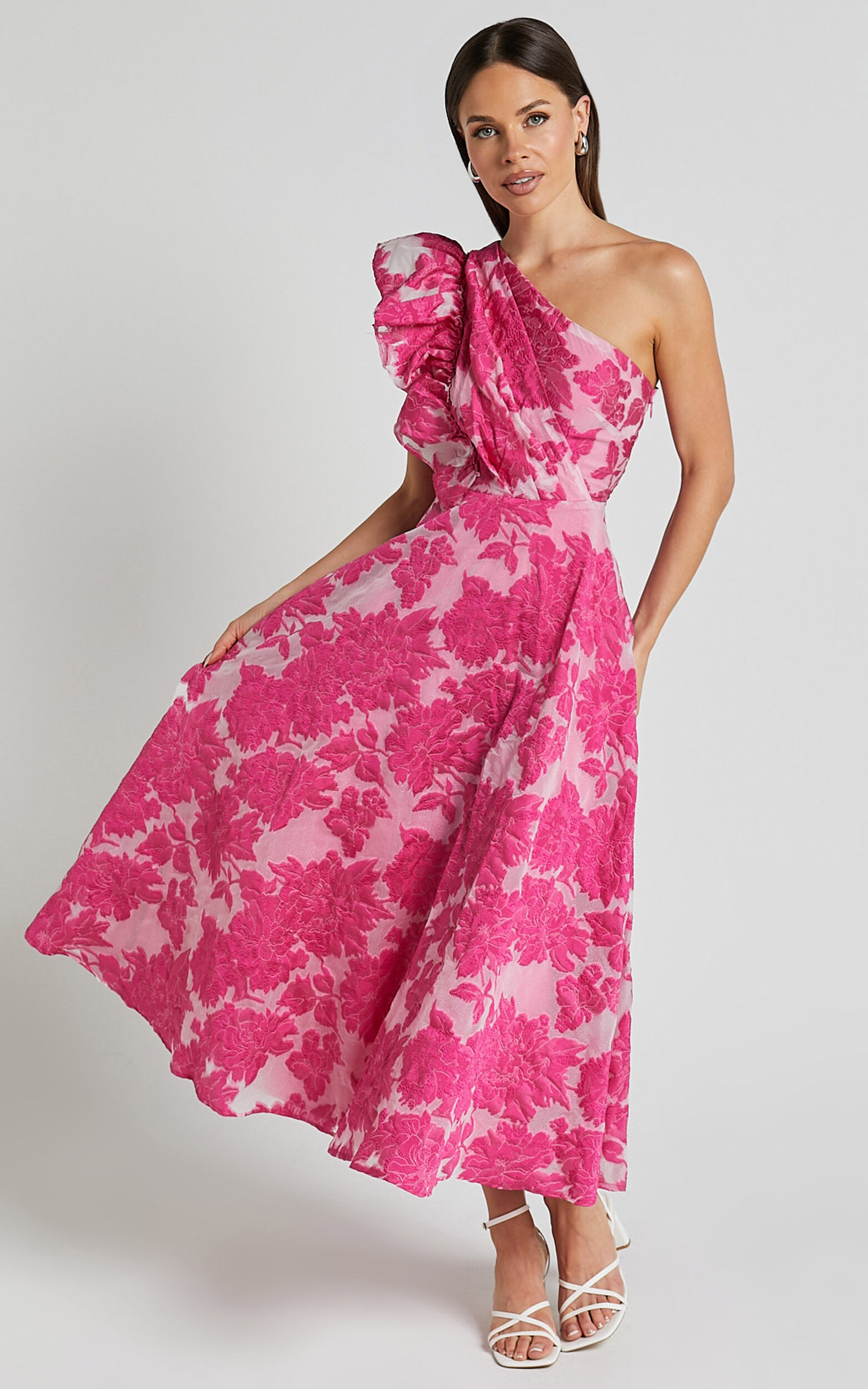 Alfreda Midi Dress - One Shoulder Ruffle Detail Brailey Jacquard Dress ...