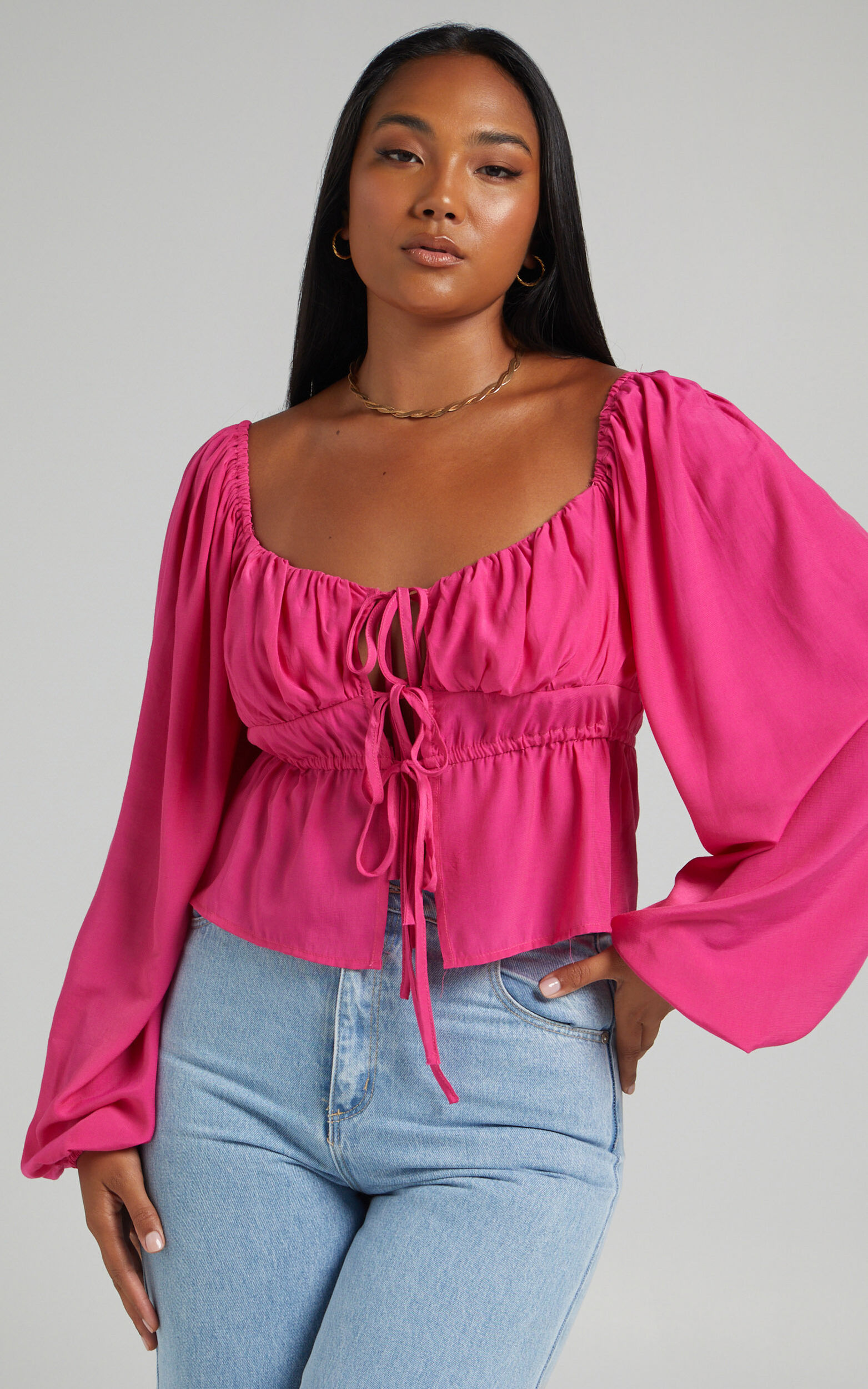 Nadine Top - Long Sleeve Ruched Bust Top in Hot Pink - 06, PNK2