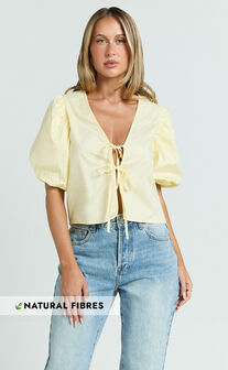 Dana Top - Bow Tie Front Puff Sleeve Blouse in Lemon