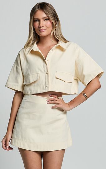 Edina Two Piece Set - Button Front Crop Top and A Line Mini Skirt in Off White