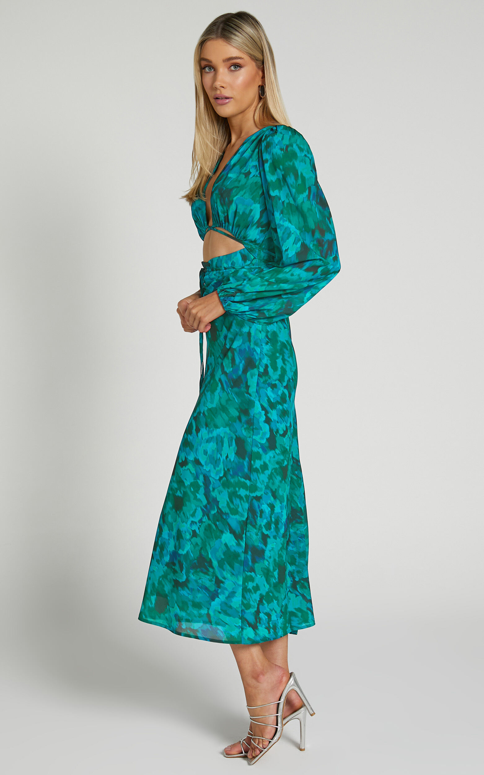 Green floral long sleeve dress hot sale