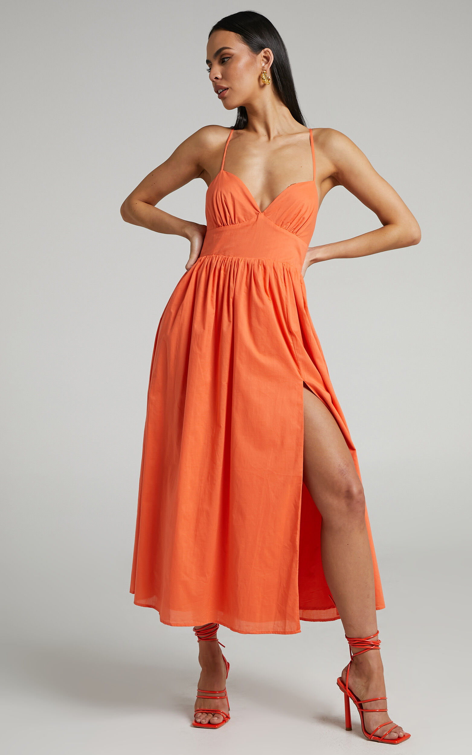 Shairah Midi Dress - Cross Back Gathered Sweetheart Dress in Orange - 04, ORG1