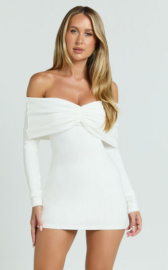 Rani Mini Dress - Off Shoulder Long Sleeve Bodycon Dress in Off White