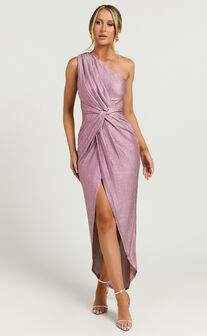Davie Midi Dress - Metallic One Shoulder Front Wrap Dress in Soft Pink