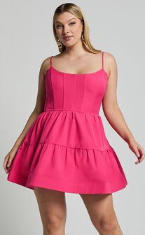 Zelda Mini Dress - Corset Front Tiered Lace Up Mini Dress in Pink