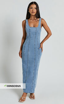 Zenith Midi Dress - Wide Strap Panel Detail Recycled Denim Dress in Mid Blue Wash