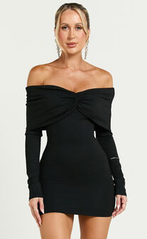 Rani Mini Dress - Off Shoulder Long Sleeve Bodycon Dress in Black