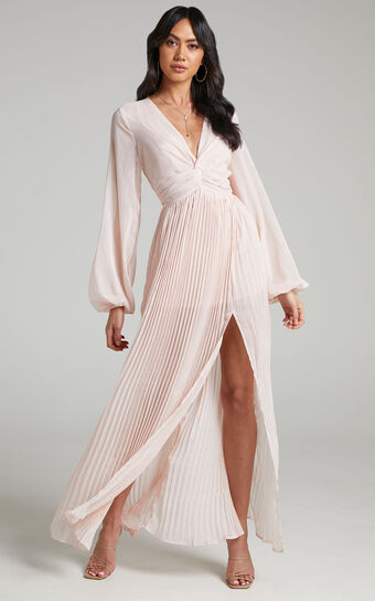 Alona Long Sleeve Twist Front Pleated Maxi Dress in Pink