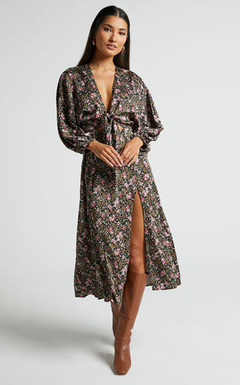 Fayette Midi Dress - Long Sleeve Tie Front Thigh Slit Dress in Black Floral
