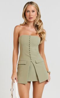 Monroe Two Piece Set - Strapless Button Down Longline Vest Top and High Waisted Mini Skirt in Sage