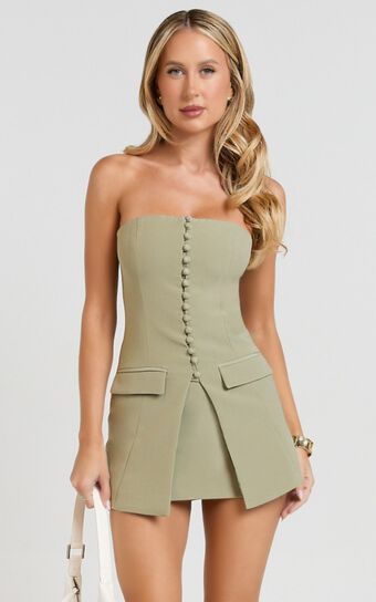 Monroe Two Piece Set - Strapless Button Down Longline Vest Top and High Waisted Mini Skirt in Sage