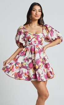Gretchen Mini Dress - Puff Sleeve Babydoll Dress in Dahlia Dusk Floral