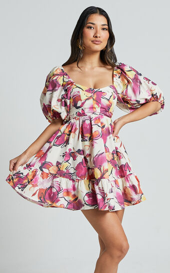 Gretchen Mini Dress - Puff Sleeve Babydoll Dress in Dahlia Dusk Floral