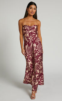BREANA STRAPLESS RUCHED BUST MAXI in Wine Floral