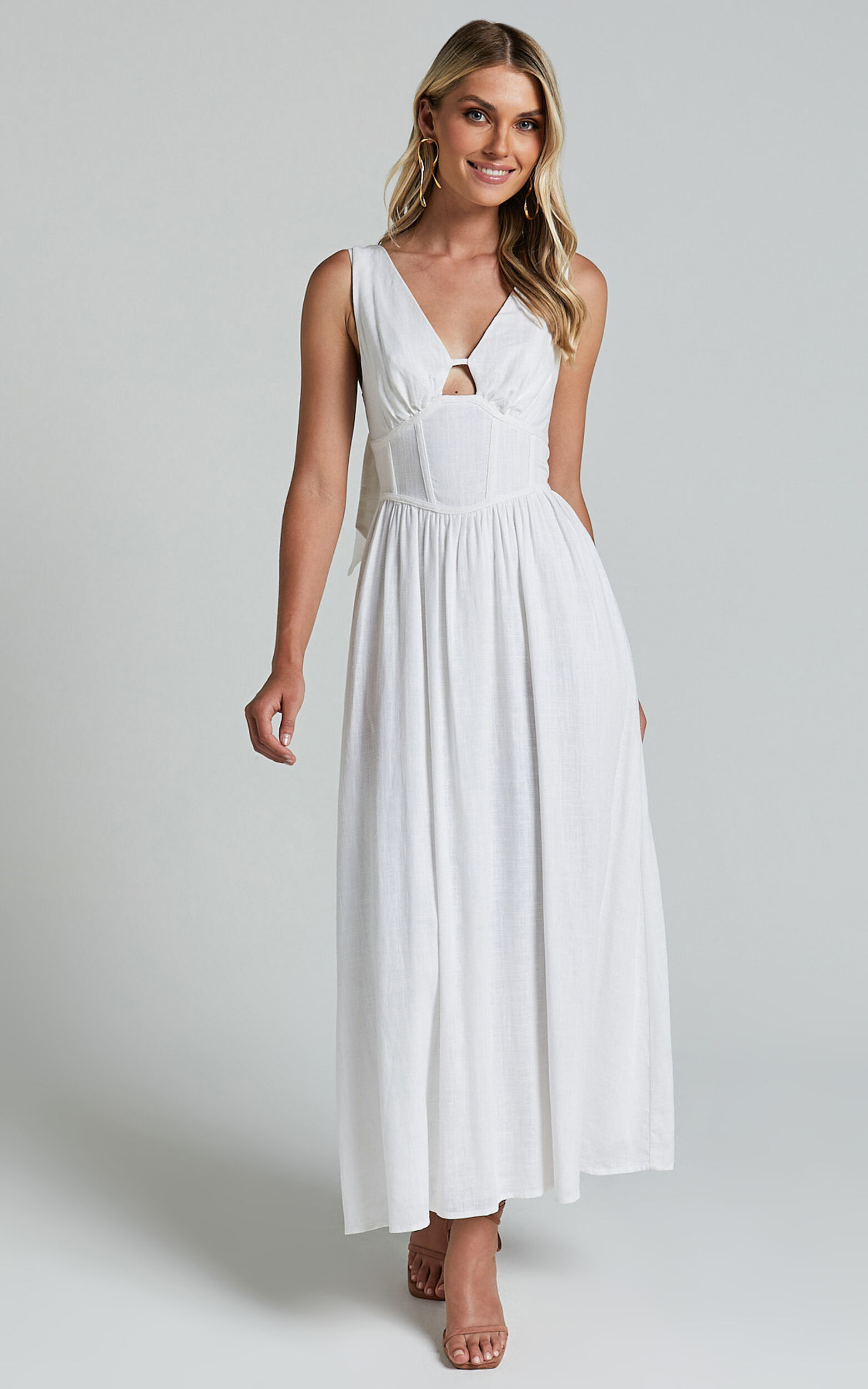 Amalie The Label - Chamika Linen Blend Bustier Double Tie Back Midi Dress in  White