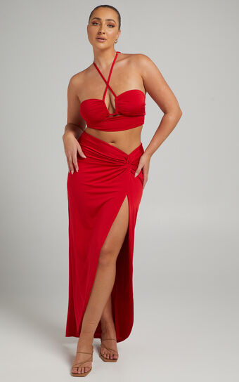 Forrest Two Piece Set - Halter Neck Top and Twist Midi Skirt Set in Red
