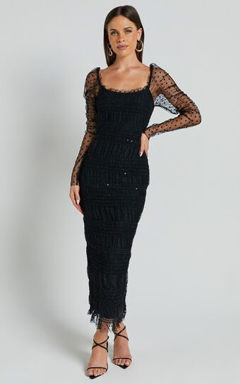 Evelyn Midi Dress - Long Sleeve Shirred Tulle Dress in Black Polka Showpo