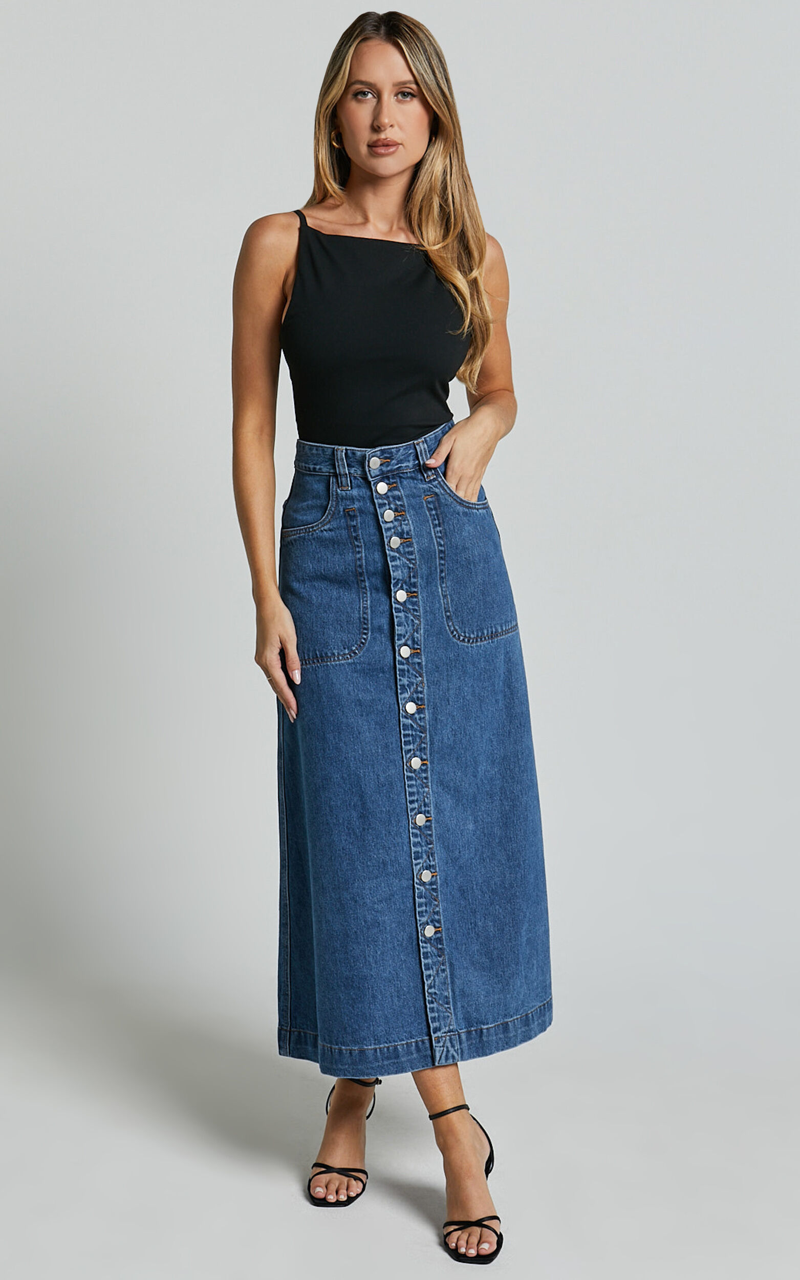 A line dark denim skirt top