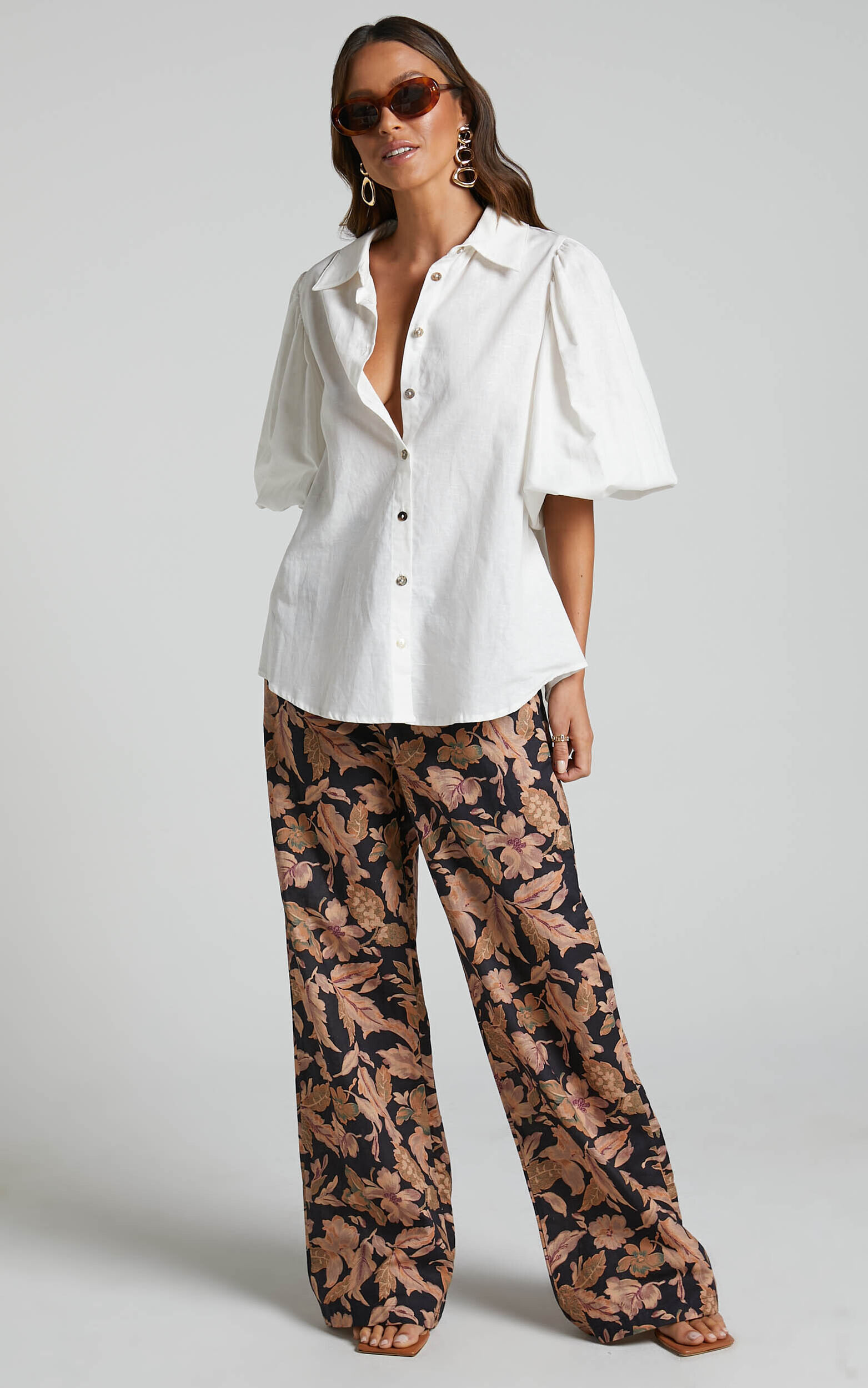 Amalie The Label - Janae Linen Blend Collared Puff Sleeve Button Up ...