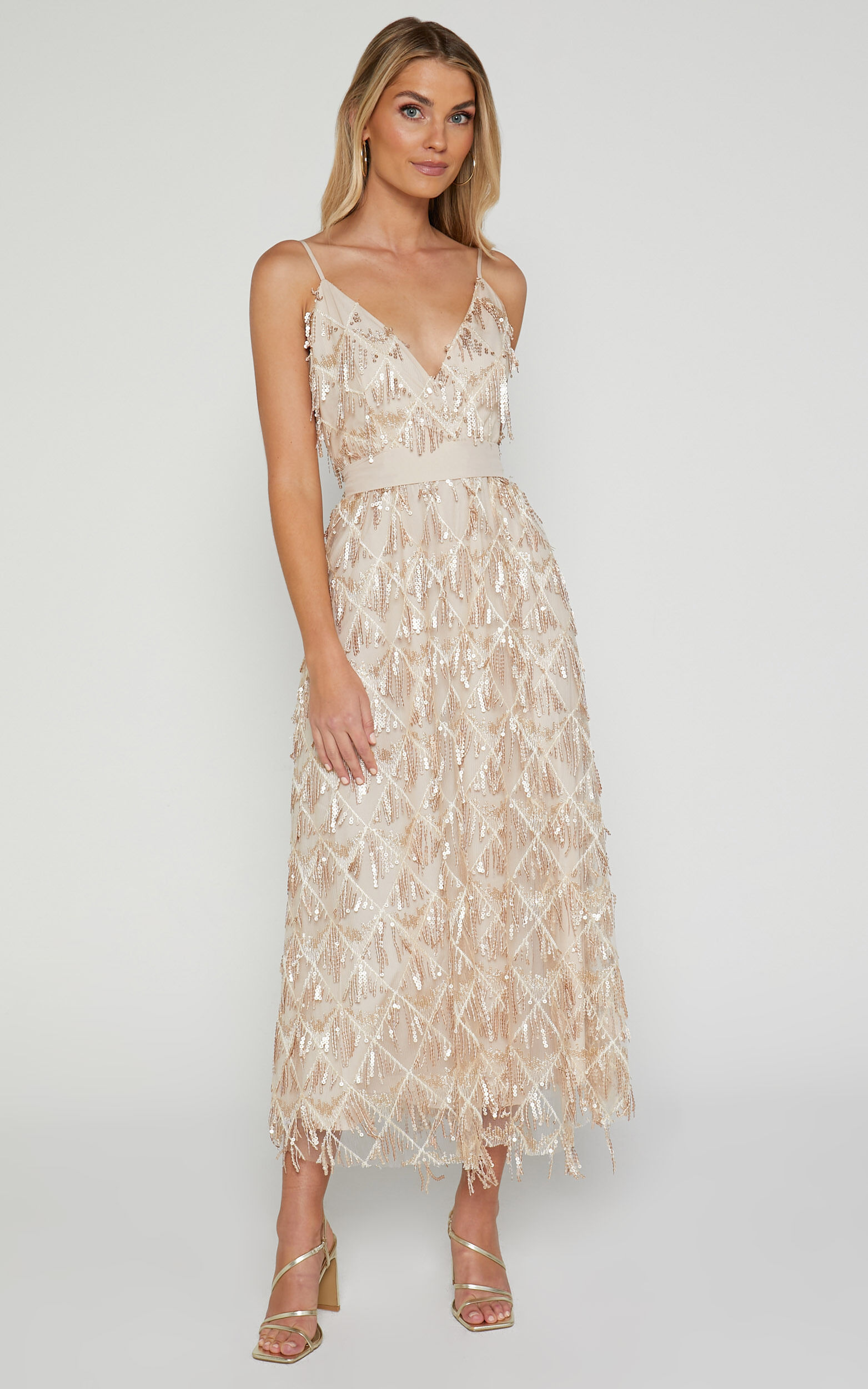 Shook Midi Dress Plunge fringe midi dress in champagne sequin in Gold Showpo
