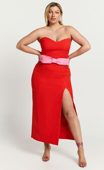 Veronica Midi Dress - Sweetheart Strapless Bow Detail High Split Dress in Red