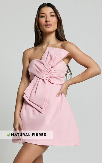 Chika Mini Dress - Linen Look Strapless Front Bow Dress in Soft Pink