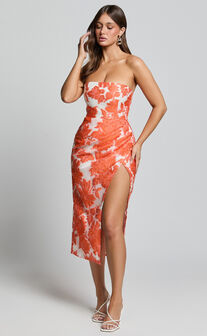 Brailey Midi Dress - Thigh Split Strapless Dress in Orange & White Jacquard