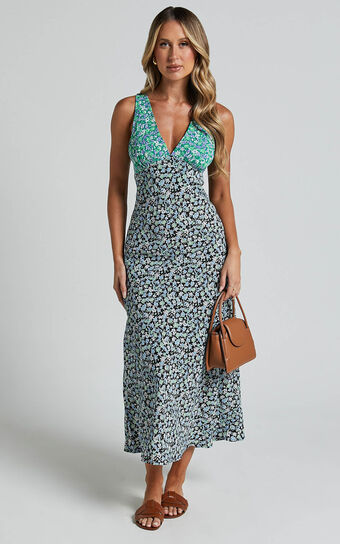Benetina Midi Dress - Plunge Empire Waist A Line in Black Print