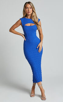 Alfie Midi Dress - High Neck Sleeveless Cut Out Front Dress in Cobalt Blue