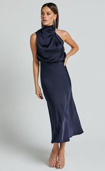 Minnie Midi Dress - Drape Neck Satin Slip Dress in Midnight Blue