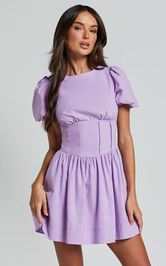 Kerthina Mini Dress - Scoop Neck Short Puff Sleeve Fit and Flare Dress in Lilac