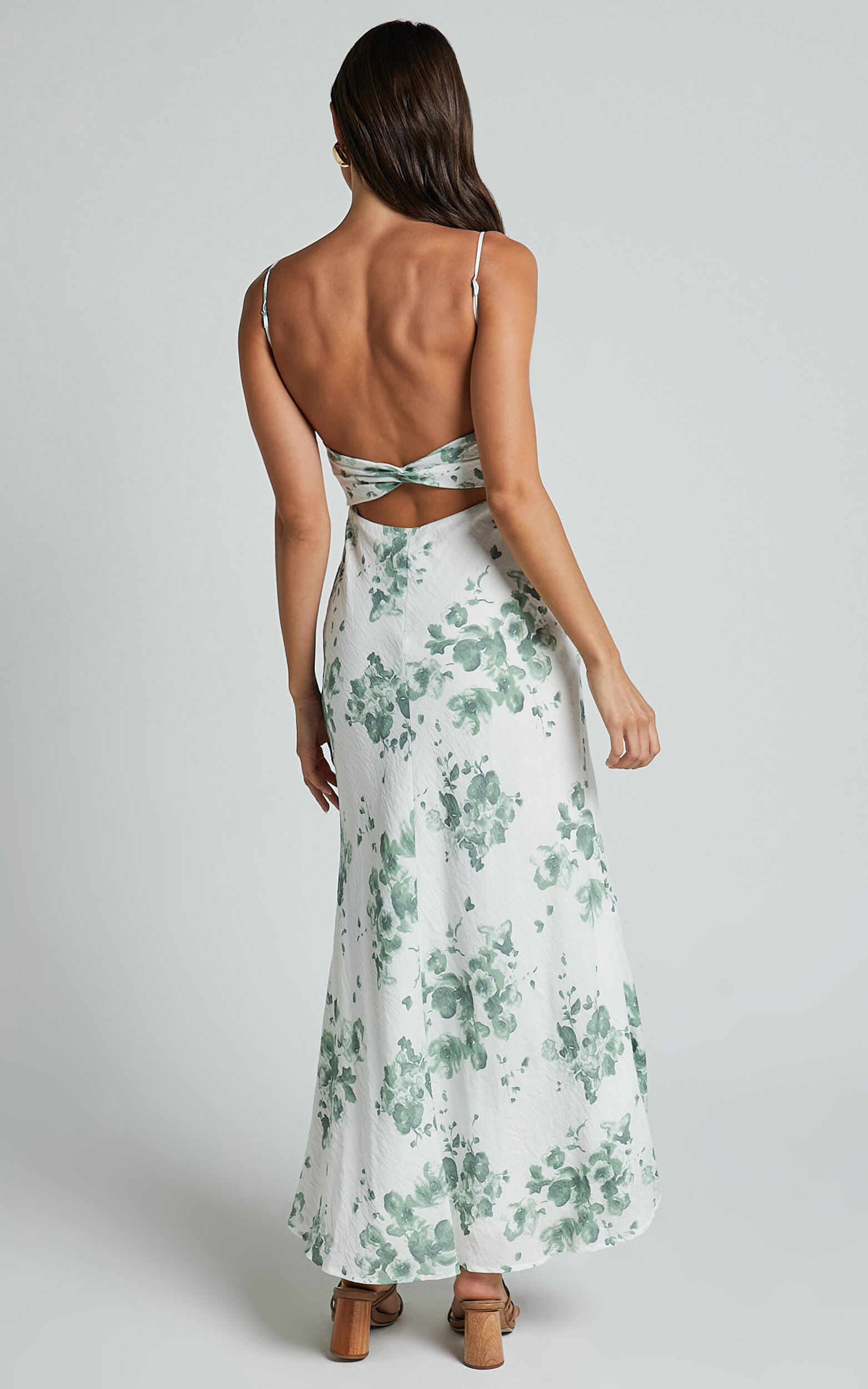 Bettina Midi Dress - Strappy Ruched Bust Slip Dress in Green and White ...
