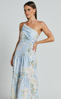 Zophia Midi Dress - One Shoulder Tiered Dress in Aqua Botanical Print