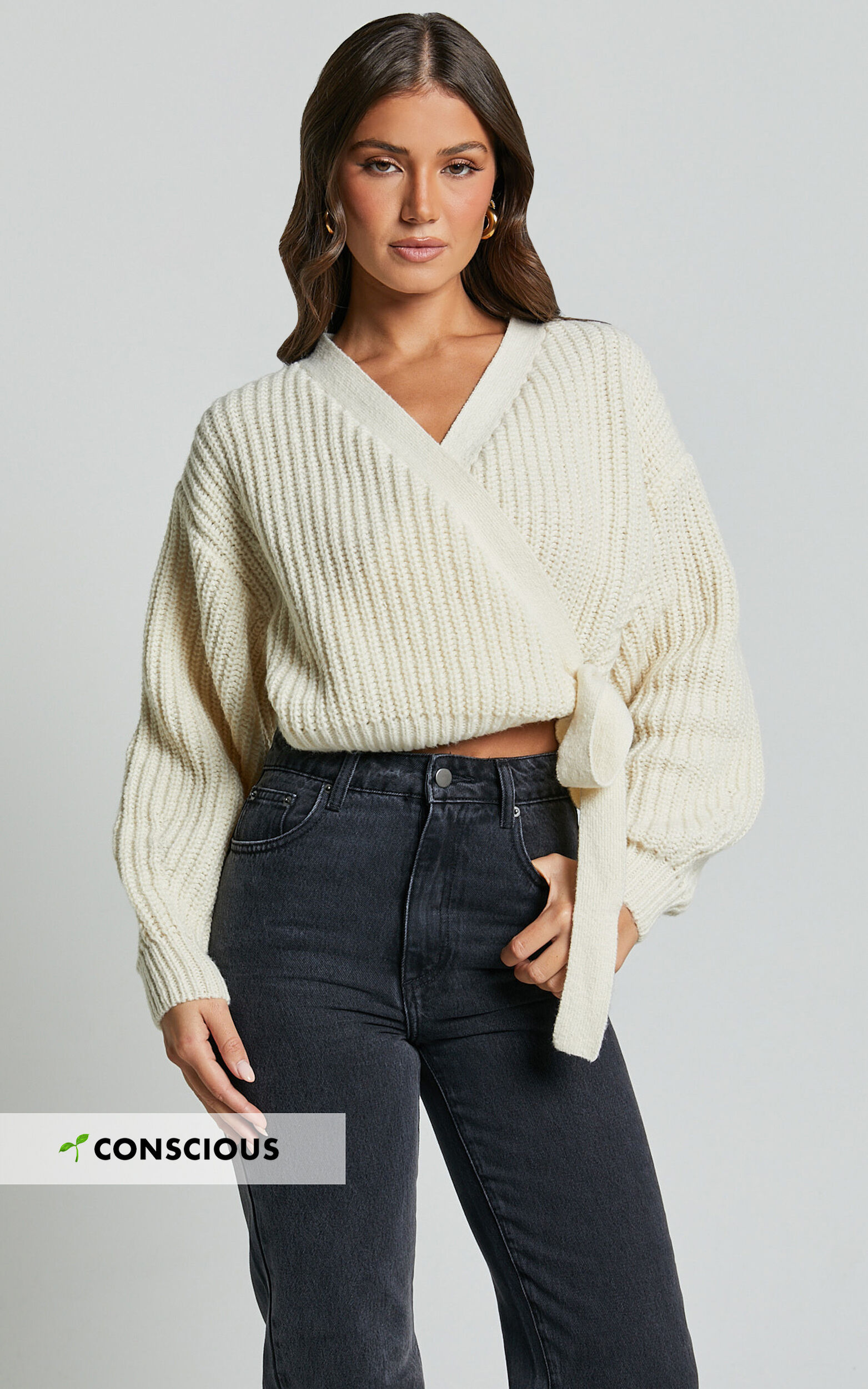 Rosanna Jumper - Recycled Knitted V Neck Wrap Cardigan in Ivory - 06, WHT1
