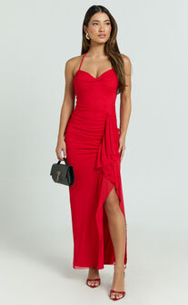 Silvana Maxi Dress - Halter Ruched Side Split Dress in Red