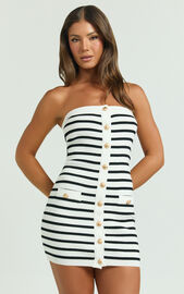 Amber Mini Dress - Strapless Knit Stripe Bodycon Dress in White/Black ...