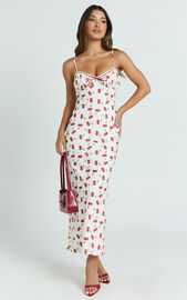 Bailey Midi Dress - Recycled Cherry Print Lace Trim Bias Cut Slip Dress ...