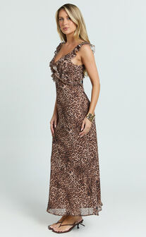 Alessa Maxi Dress - V Neck Frill Detail Empire Waist Back Cut Out Dress in Tonal Leopard
