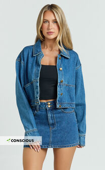 Pamela Jacket - Cropped Boxy Fit Recycled Denim Jacket in Dark Blue Wash