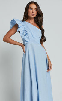 Dixie Midi Dress - Linen Look One Shoulder Ruffle Dress in Blue