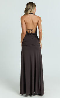 Janice Maxi Dress - Plunge Cowl Halter High Leg Split Dress in Chocolate