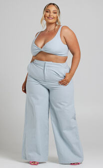 Kingston Two Piece Set - Twist Front Twill and Wide Leg Pants Set in Blue