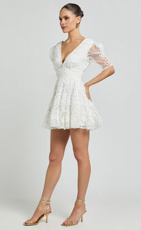 Pamela Mini Dress - Embroidered Plunge Tiered Dress in White