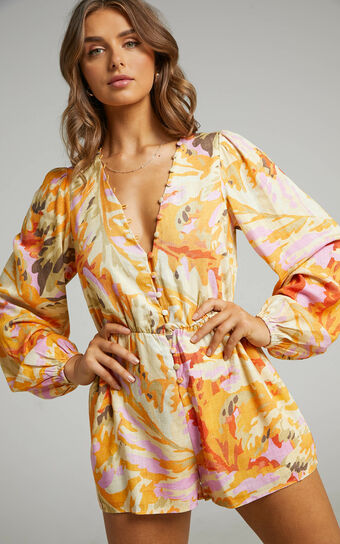 Shari Playsuit - Linen Look Blouson Playsuit in Abstract Palm
