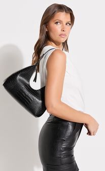 Alexandria Bag - Croc Shoulder Bag in Black