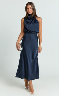 Minnie Midi Dress - Drape Neck Satin Slip Dress in Midnight Blue