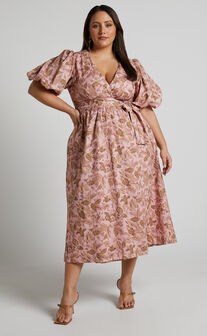 Amalie The Label - Franc Linen Puff Sleeve Wrap Midi Linen Dress in Vahala Print